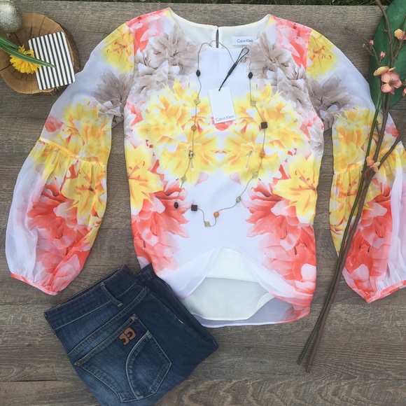 CALVIN KLEIN SHEER LAYERED FLORAL BLOUSE - Picture 2 of 6